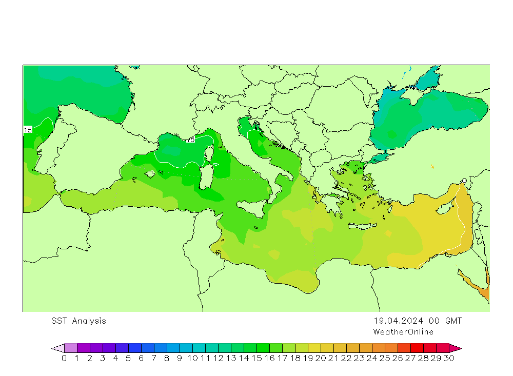 Mar Mediterraneo SST ven 19.04.2024 00 UTC