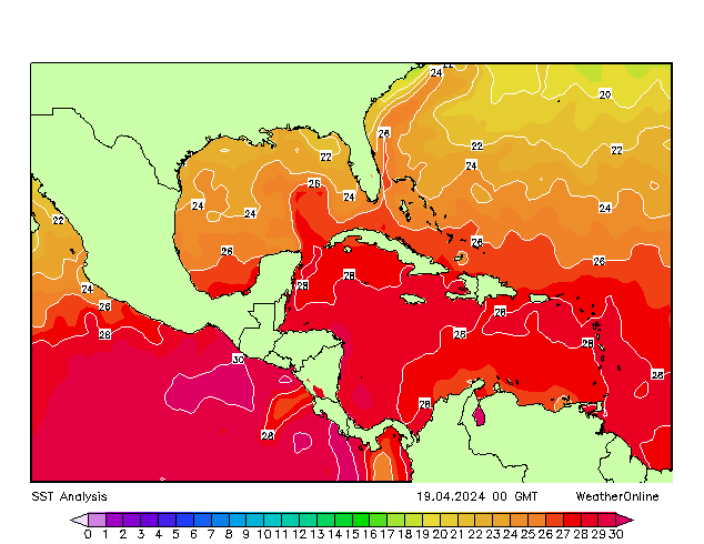 Caribian SST Fr 19.04.2024 00 UTC