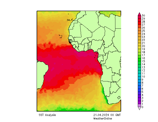 Atlantic Ocean SST Su 21.04.2024 00 UTC