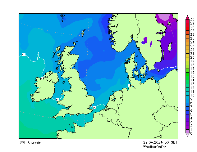 North Sea SST Mo 22.04.2024 00 UTC