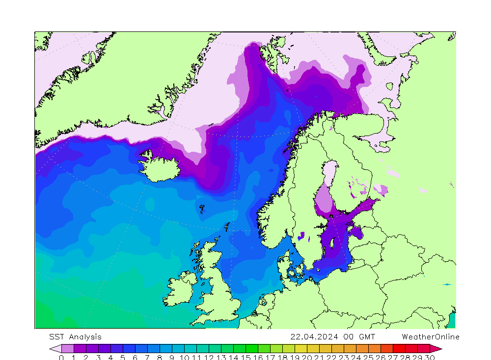 Atlantic North SST pon. 22.04.2024 00 UTC