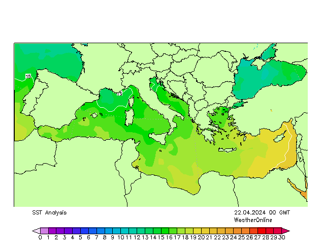 Morze Śródziemne SST pon. 22.04.2024 00 UTC