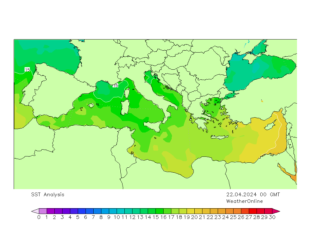 Mediterranean SST Mo 22.04.2024 00 UTC