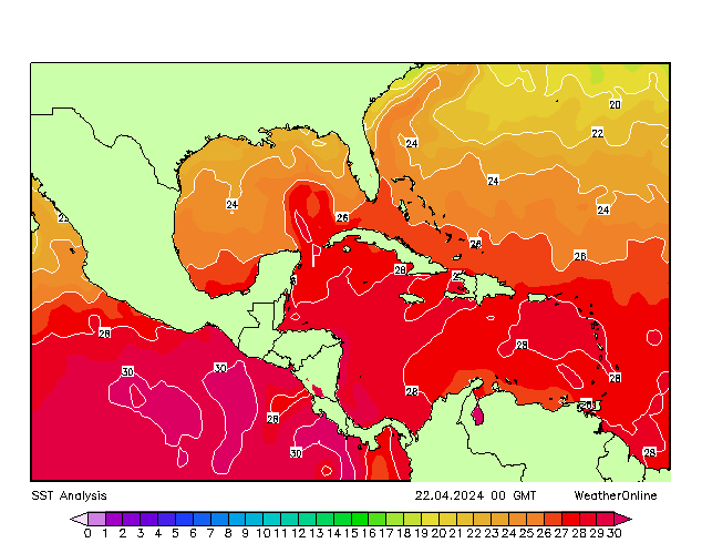 Caribian SST  22.04.2024 00 UTC