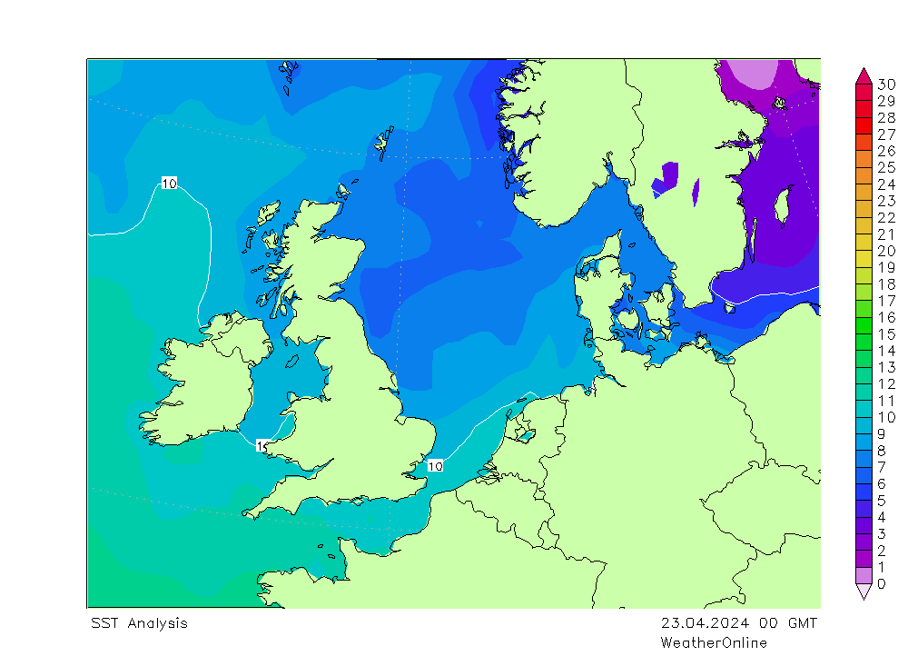 Северное море SST вт 23.04.2024 00 UTC