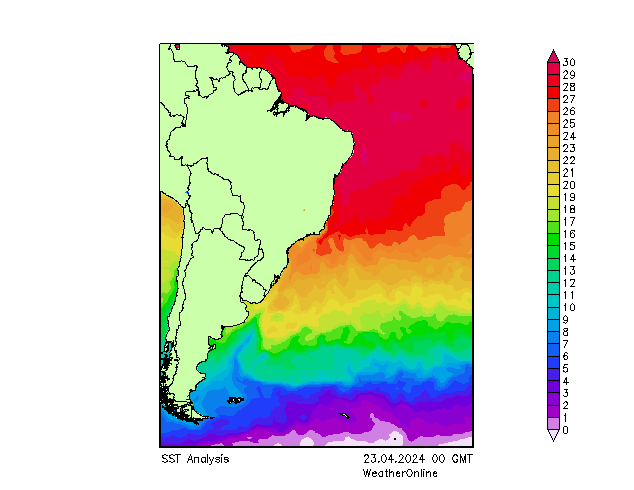 Atlantic Ocean SST Tu 23.04.2024 00 UTC