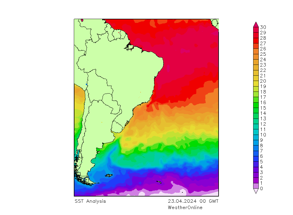 Atlantic Ocean SST Tu 23.04.2024 00 UTC