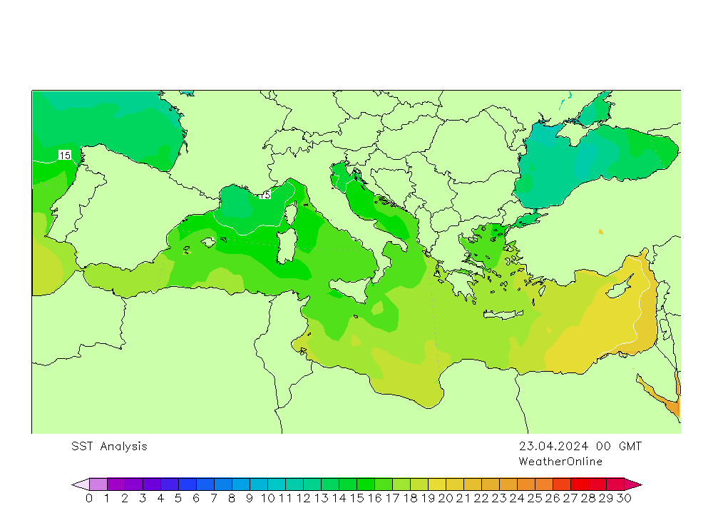 Mar Mediterraneo SST mar 23.04.2024 00 UTC