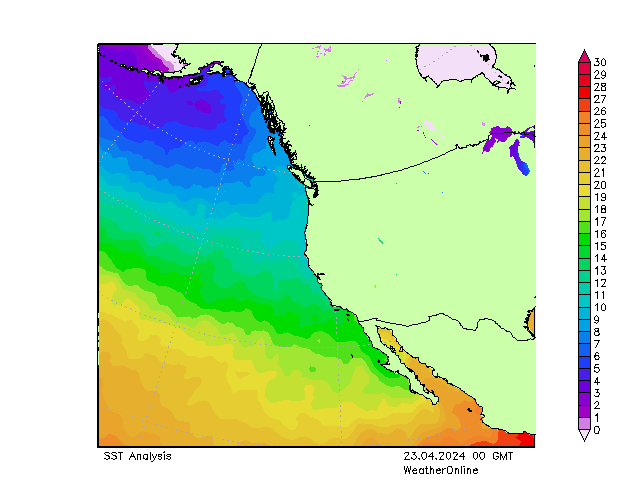 Pacifik SST Út 23.04.2024 00 UTC