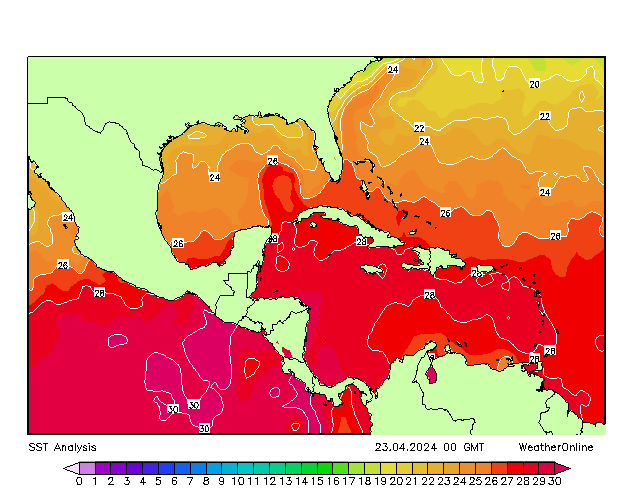 Вест-Индия SST вт 23.04.2024 00 UTC