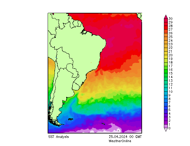 Ocean Atlantycki SST czw. 25.04.2024 00 UTC