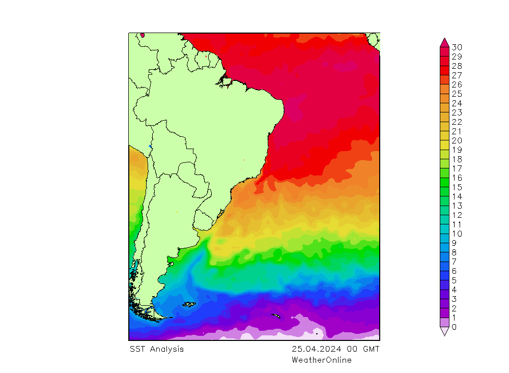 Océan Atlantique SST jeu 25.04.2024 00 UTC