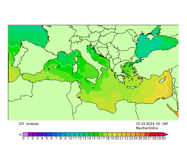 Mediterranean SST Th 25.04.2024 00 UTC