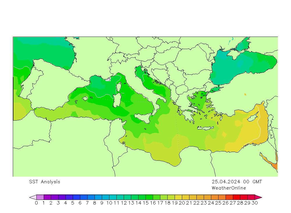 Средиземное море SST чт 25.04.2024 00 UTC