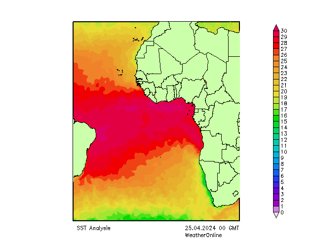Oceano Atlântico SST Qui 25.04.2024 00 UTC