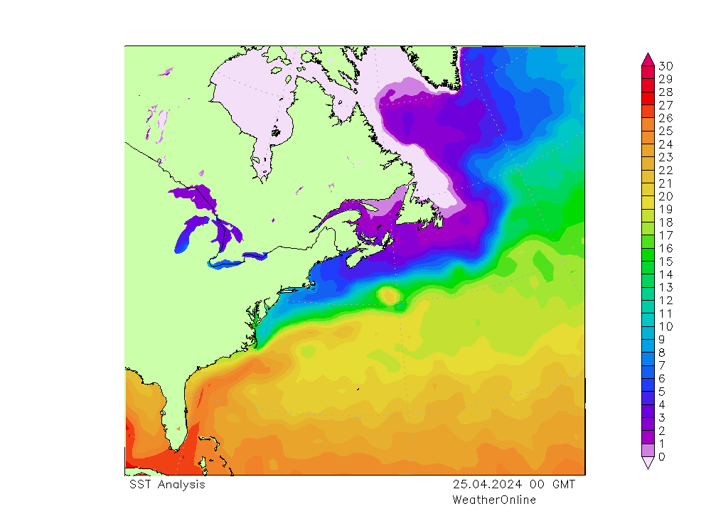 Ocean Atlantycki SST czw. 25.04.2024 00 UTC