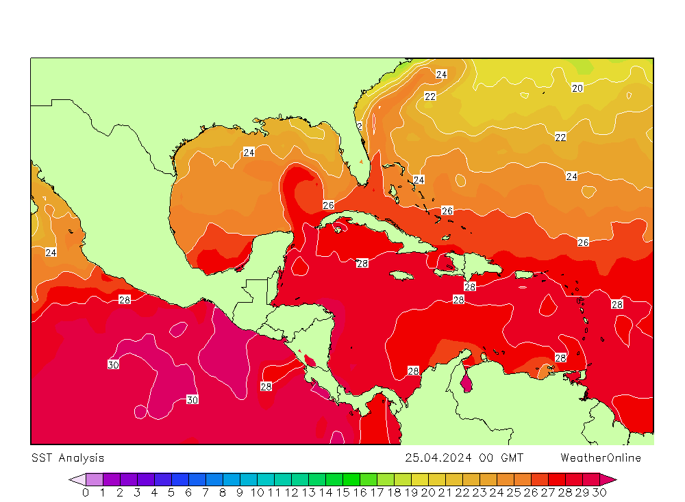 Вест-Индия SST чт 25.04.2024 00 UTC