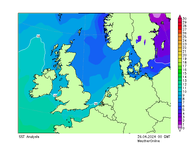 North Sea SST Fr 26.04.2024 00 UTC