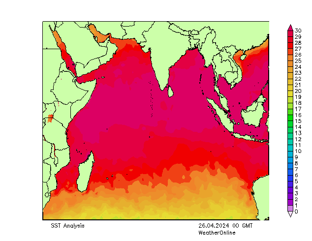 Océano Índico SST vie 26.04.2024 00 UTC