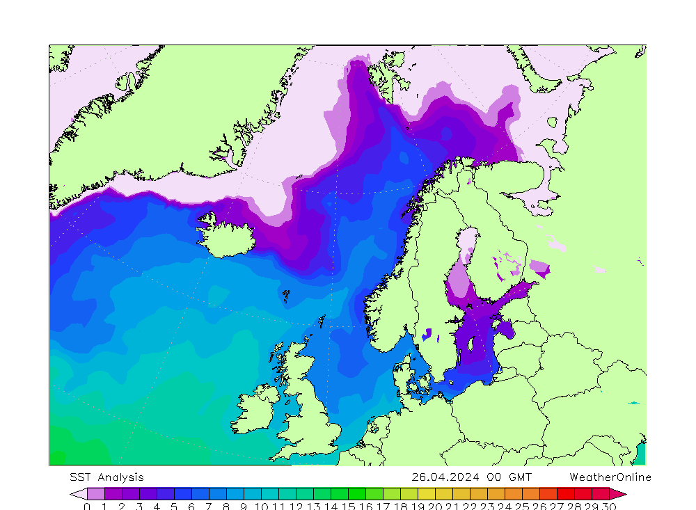 Atlantic North SST Fr 26.04.2024 00 UTC