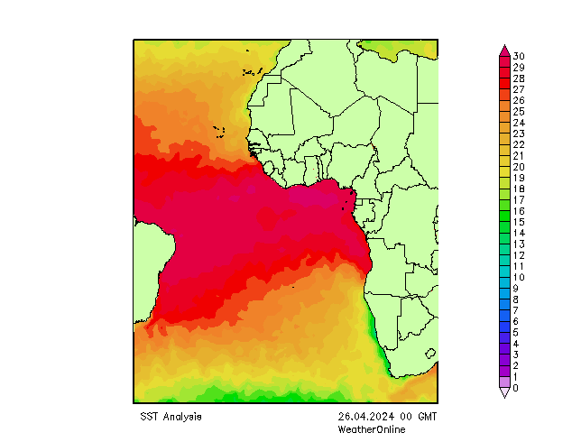 Océano Atlántico SST vie 26.04.2024 00 UTC