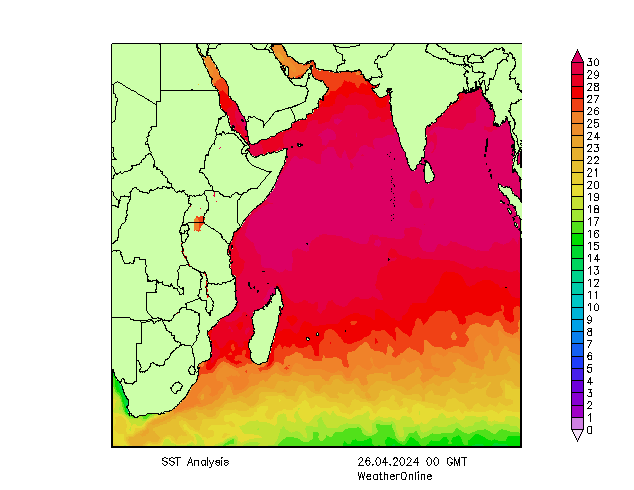 Indian Ocean SST Fr 26.04.2024 00 UTC