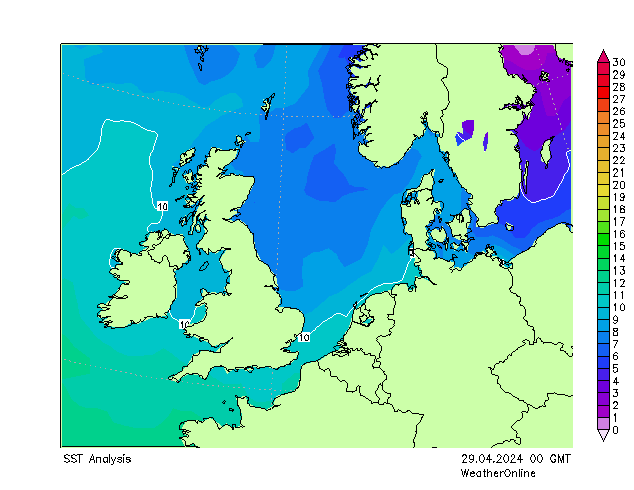 North Sea SST Mo 29.04.2024 00 UTC