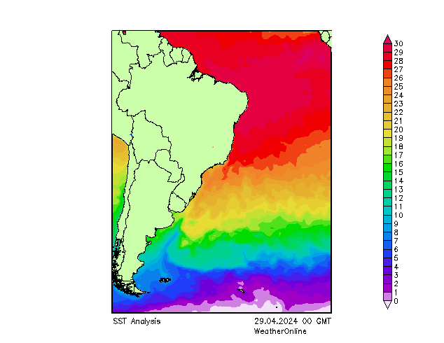 Ocean Atlantycki SST pon. 29.04.2024 00 UTC
