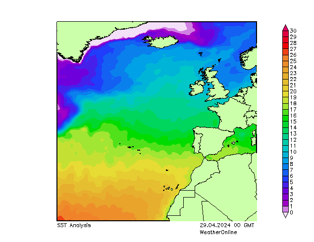 Océano Atlántico SST lun 29.04.2024 00 UTC