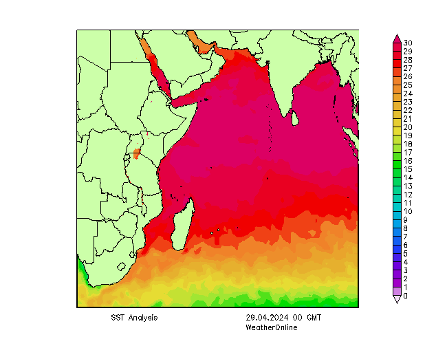 Indian Ocean SST Mo 29.04.2024 00 UTC