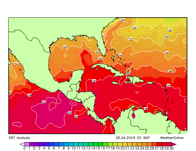 Вест-Индия SST пн 29.04.2024 00 UTC