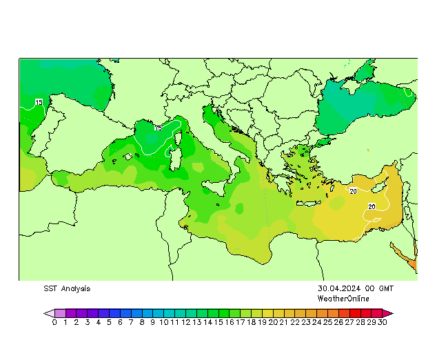 Mediterranean SST Tu 30.04.2024 00 UTC