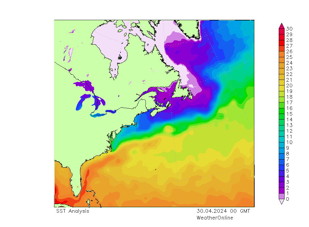 Atlantic Ocean SST Tu 30.04.2024 00 UTC