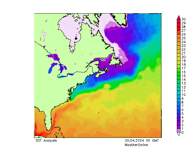 Atlantický SST Út 30.04.2024 00 UTC