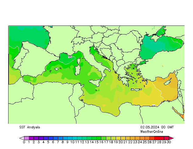 Mediterranean SST Th 02.05.2024 00 UTC