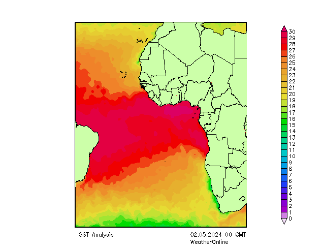 Atlantic Ocean SST Th 02.05.2024 00 UTC