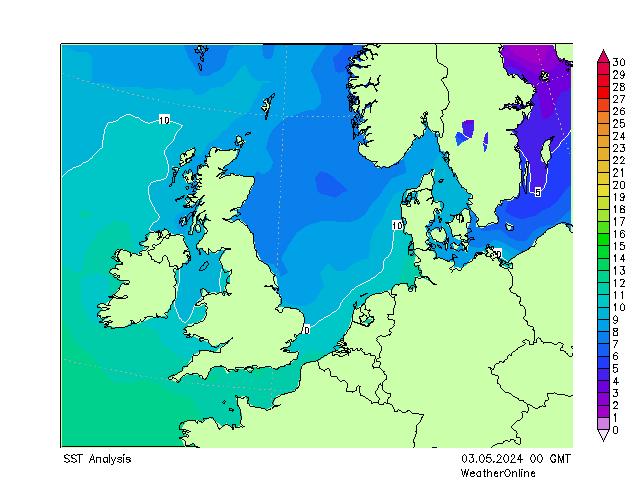 North Sea SST Fr 03.05.2024 00 UTC