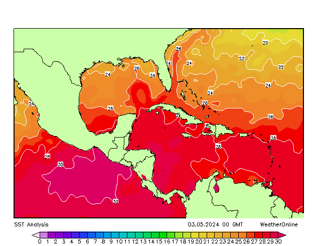 Caribian SST Pá 03.05.2024 00 UTC