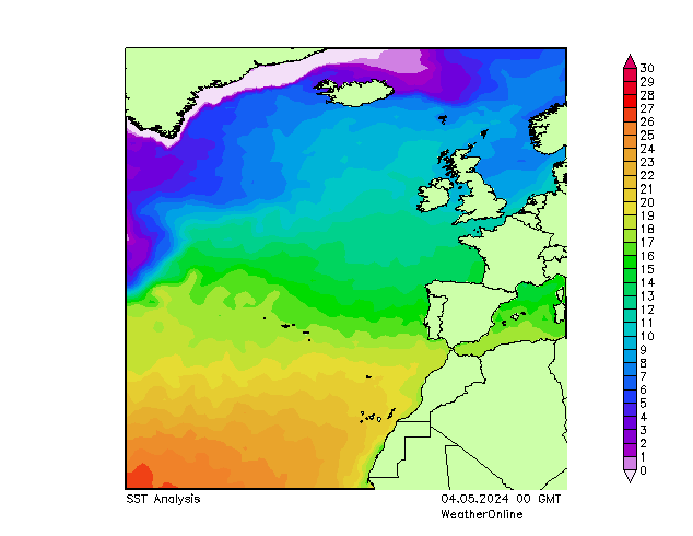 Atlantic Ocean SST Sa 04.05.2024 00 UTC