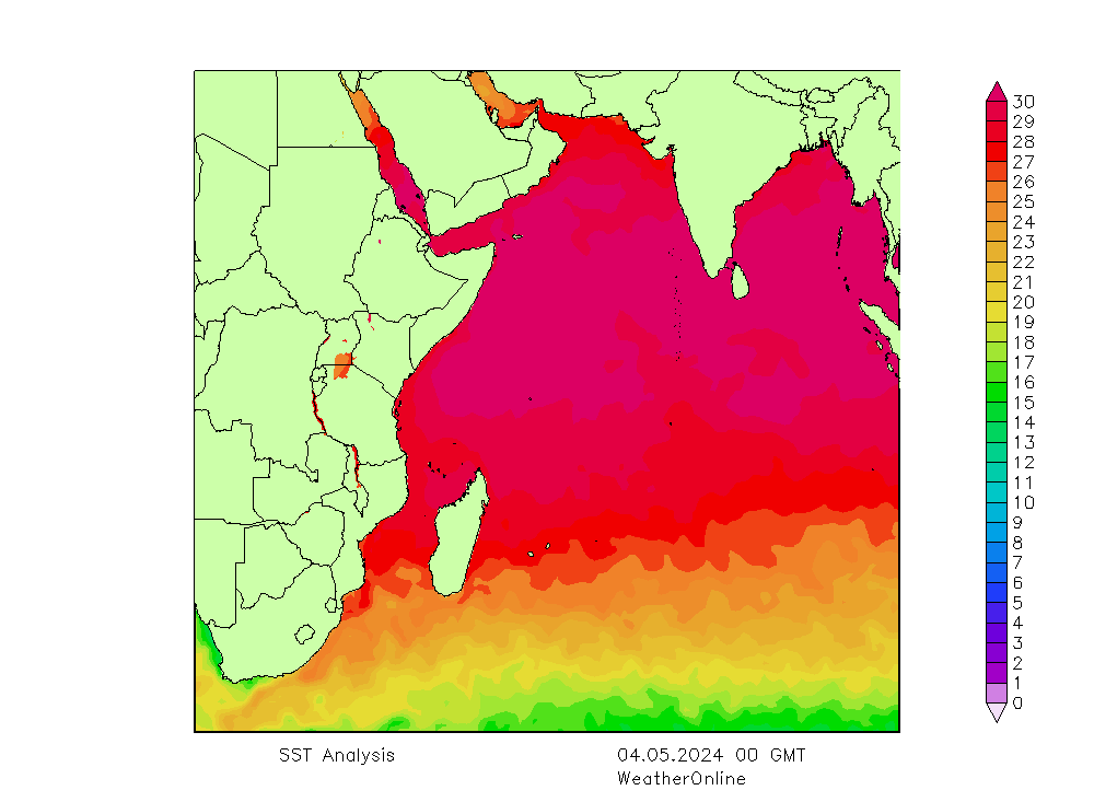 Océano Índico SST sáb 04.05.2024 00 UTC