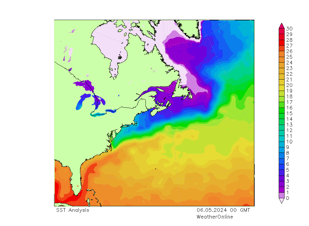 Océano Atlántico SST lun 06.05.2024 00 UTC