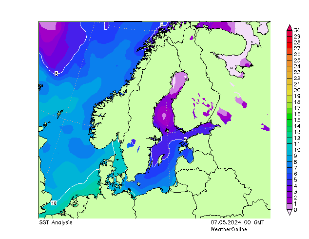 Baltské moře SST Út 07.05.2024 00 UTC