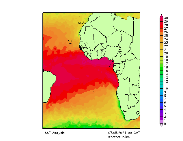 Атлантический океан SST вт 07.05.2024 00 UTC