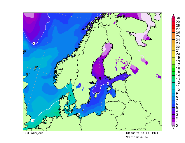 Morze Bałtyckie SST śro. 08.05.2024 00 UTC