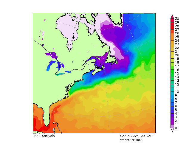Ocean Atlantycki SST śro. 08.05.2024 00 UTC