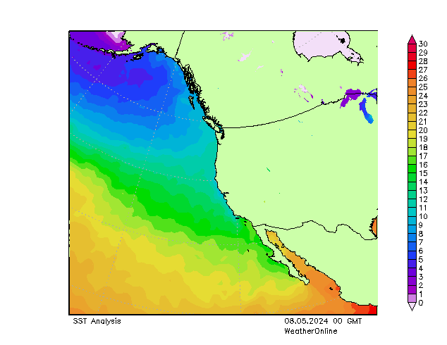 Pacyfik SST śro. 08.05.2024 00 UTC