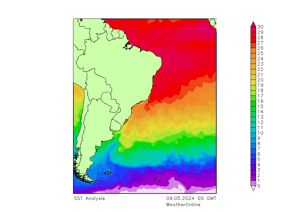 Атлантический океан SST чт 09.05.2024 00 UTC