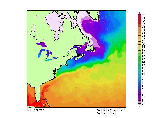 Océan Atlantique SST jeu 09.05.2024 00 UTC