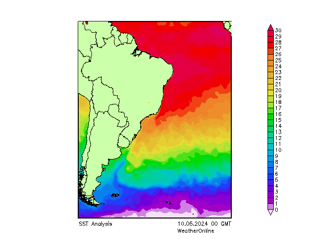 Océano Atlántico SST vie 10.05.2024 00 UTC