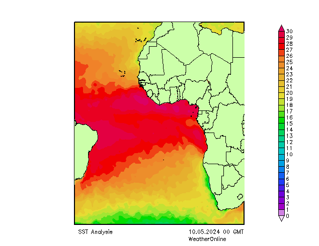 Océano Atlántico SST vie 10.05.2024 00 UTC